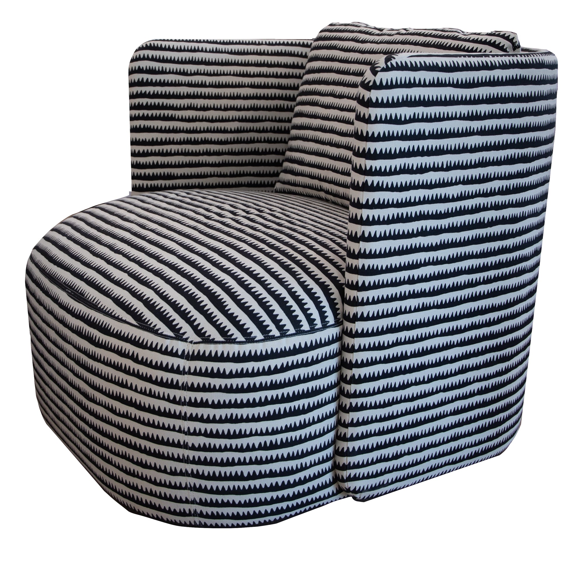 A Hudson Swivel Club Chair with a black and white zigzag pattern on the upholstery, featuring extended shelter arms and designed for extreme comfort.