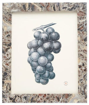 A painting of a bunch of dark grapes is elegantly framed in a Pigeon and Poodle Mixed Gray Marble Corsica Frame, 8 x 10, complementing its rich tones.