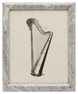 A framed black and white illustration of a harp against a plain background. The frame, crafted from lacquered resin, features a marbled gray pattern—specifically, the Pigeon and Poodle Gray Swirled Lacquered Resin Ashland Frame, 8 x 10.