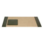 The Pigeon and Poodle Asby Desk Set in Forest is a rectangular beige table mat with green full-grain leather edges and an attached green leather coaster on the left side, perfect for adding a touch of elegance to your refined collection.