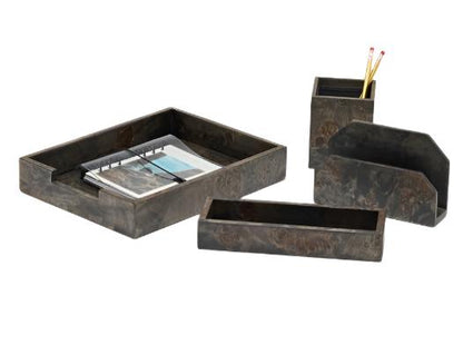 The Pigeon and Poodle Chandler Mappa Burl Desk Set offers a collection of elegant dark marble organizers, including a paper tray, pencil holder with pencils, letter holder, and rectangular box.