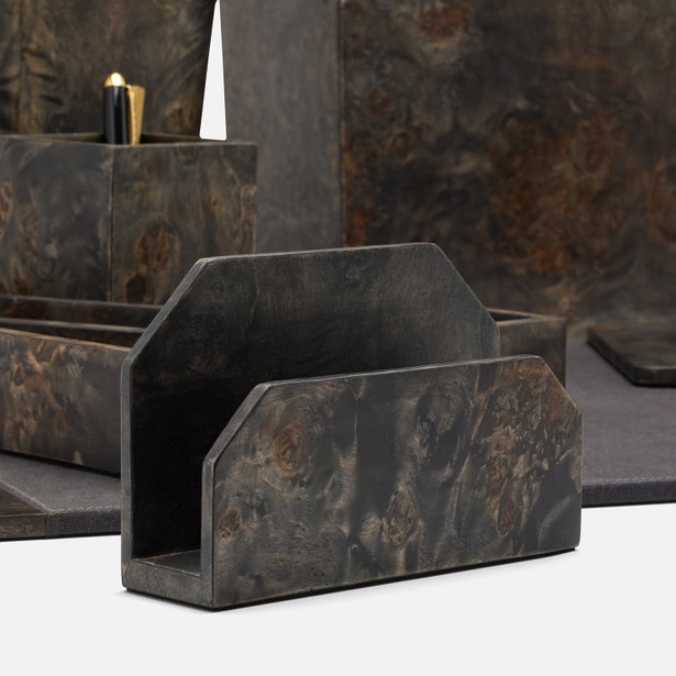 The Pigeon and Poodle Chandler Mappa Burl Desk Set, featuring a letter holder and pen stand in dark marble, is showcased on a white surface. This stylish arrangement adds a unique flair to any workspace.