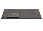 A rectangular slate serving board with a smaller square piece on top mimics the Pigeon and Poodle Chandler Blotter Set's unique style, elegantly showcased on a white background.