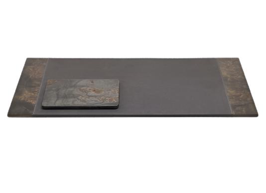 A rectangular slate serving board with a smaller square piece on top mimics the Pigeon and Poodle Chandler Blotter Set's unique style, elegantly showcased on a white background.