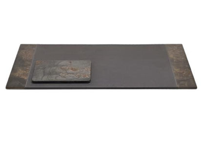 A rectangular slate serving board with a smaller square piece on top mimics the Pigeon and Poodle Chandler Blotter Set's unique style, elegantly showcased on a white background.