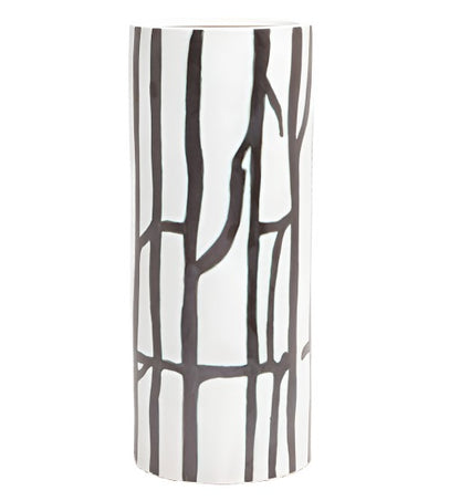 The Pigeon and Poodle Biella Umbrella Stand, Large, is a tall cylindrical piece featuring an artisan-inspired linear pattern of black abstract lines.