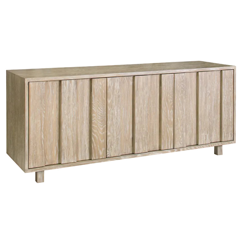 The La Paz Buffet is a wooden sideboard with a light finish, four vertical paneled doors, a roomy wood case, and simple rectangular legs.