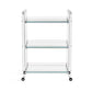 The Ava Acrylic Bar Cart features three tiers of acrylic and glass with smooth wheels, shown against a white background.