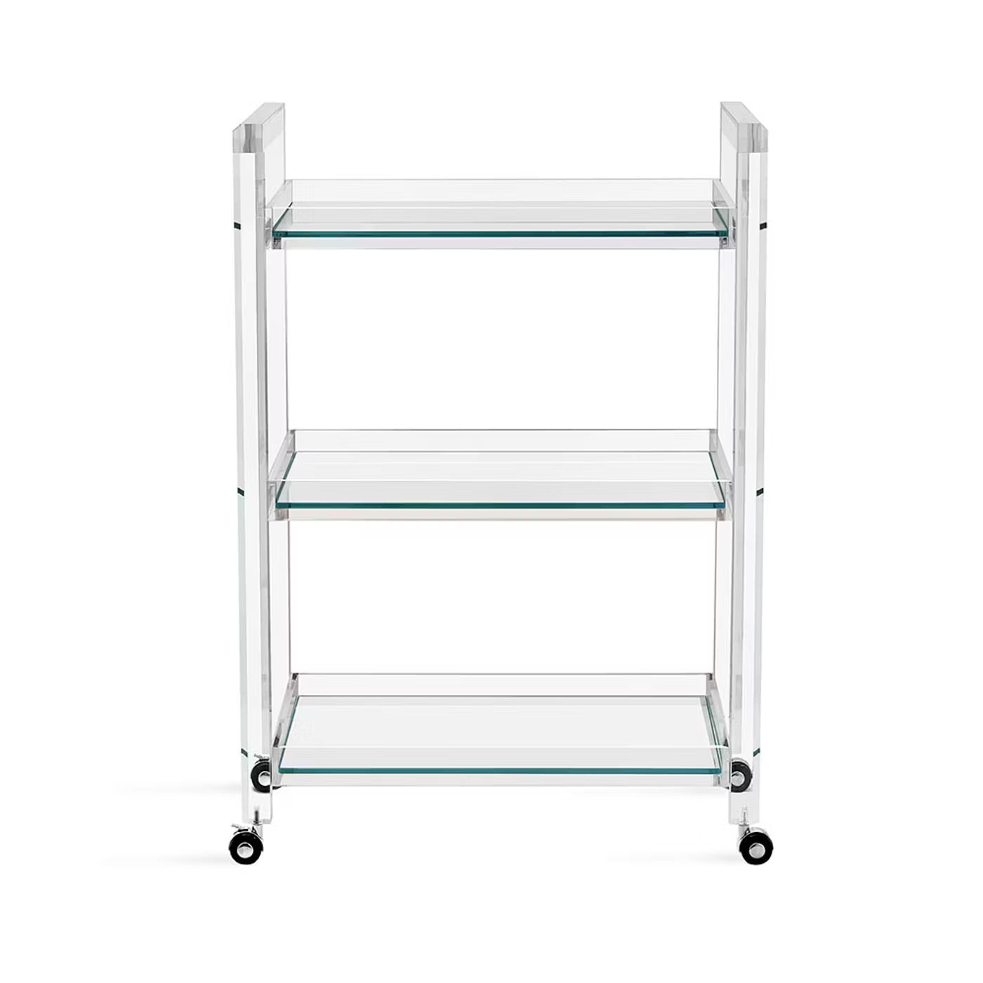 The Ava Acrylic Bar Cart features three tiers of acrylic and glass with smooth wheels, shown against a white background.