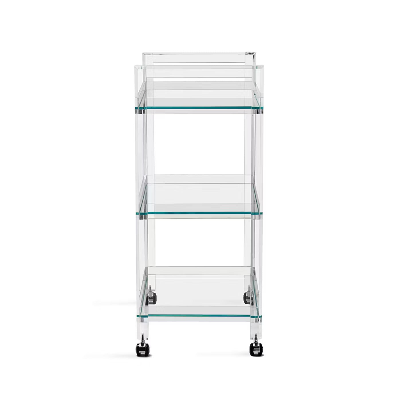 The Ava Acrylic Bar Cart features a clear, three-tier design crafted from glass and acrylic with metal casters, shown from the front against a white background.