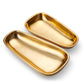 Two polished, rectangular golden bowls from the AERIN Valerio Footed Bowl Collection with smoothly curved edges are placed side by side on a white background, perfect for entertaining guests and serving snacks in style.