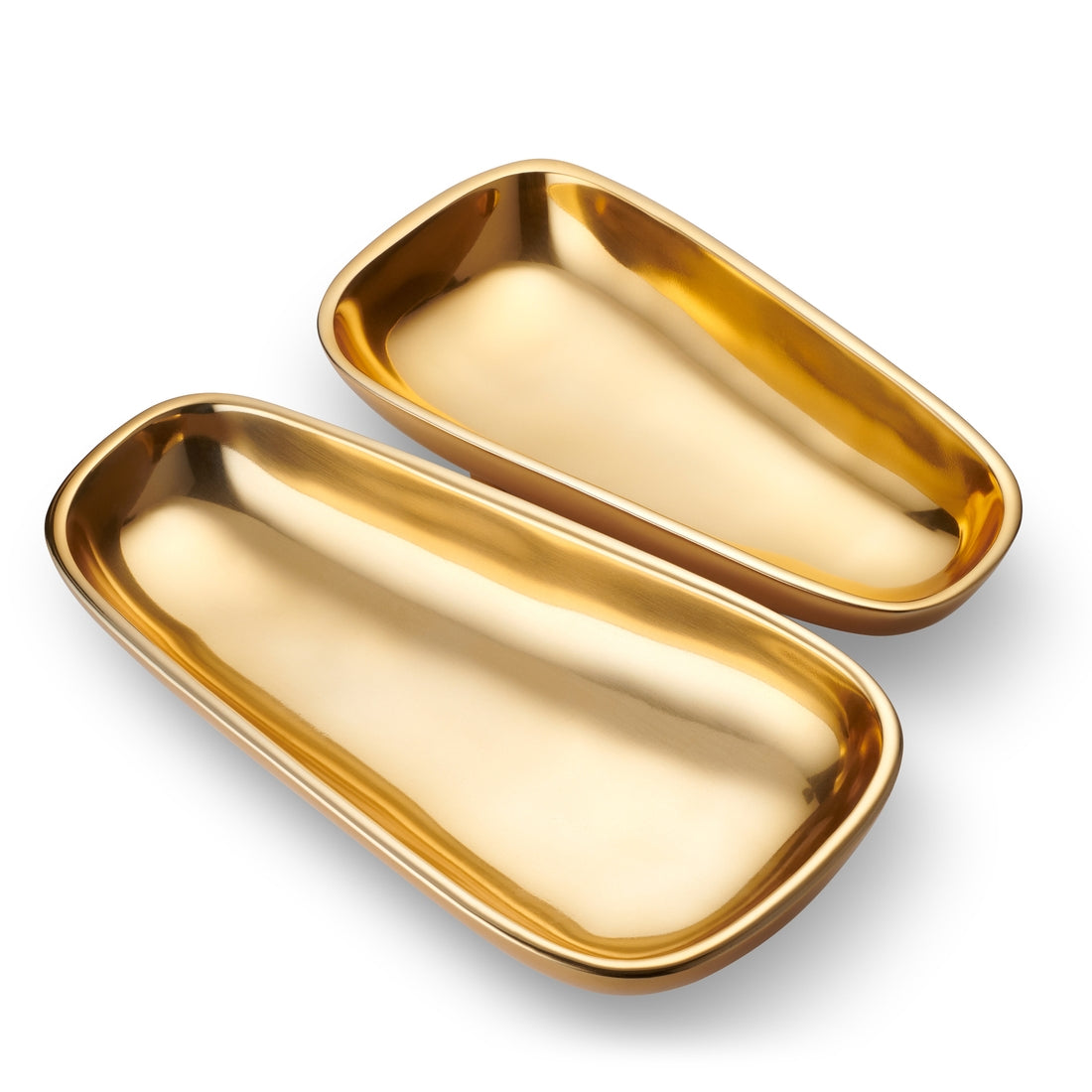 Two polished, rectangular golden bowls from the AERIN Valerio Footed Bowl Collection with smoothly curved edges are placed side by side on a white background, perfect for entertaining guests and serving snacks in style.