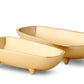 Two identical gold-colored, boat-shaped footed bowls from the AERIN Valerio Footed Bowl Collection, perfect for serving snacks while entertaining, are arranged side by side.