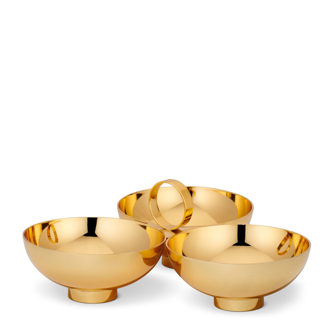 The AERIN Sintra Bowl Collection features three gold-colored bowls with wide rims, arranged closely together, showcasing a sophisticated high-polish finish that brilliantly reflects light on their surfaces.