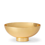 Positioned centrally against a plain white background, the AERIN Sintra Bowl Collection features an elegant, round, polished gold bowl with a small pedestal base. This sophisticated serving dish exudes a high-polish finish reminiscent of Mid-Century Modern design.