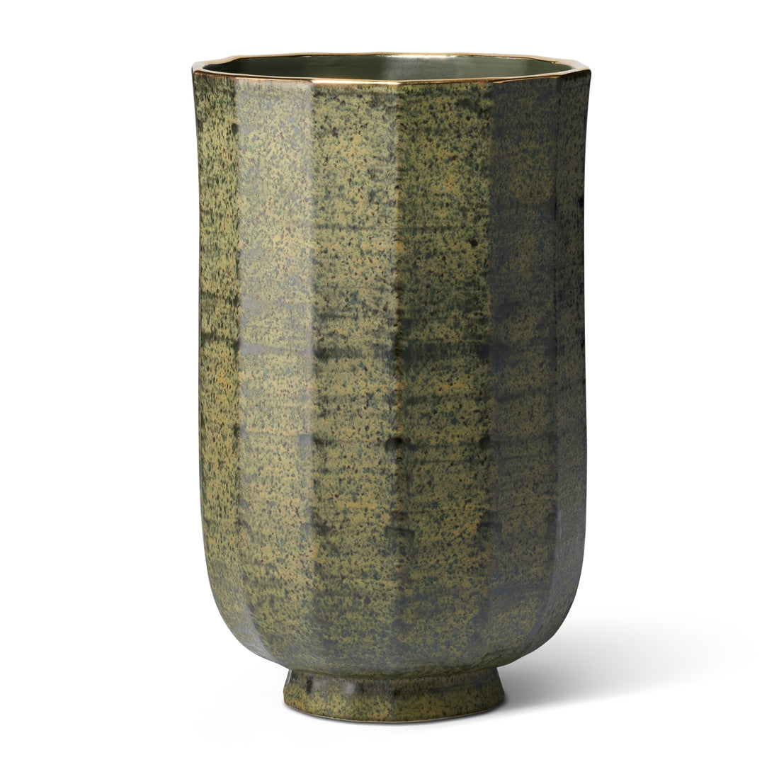 The AERIN Delmara Cedar Vase, Large, is a tall, cylindrical ceramic piece with artisanal quality that showcases a speckled green and black glaze and features a slight taper at the base. Perfect for long-stem flowers.