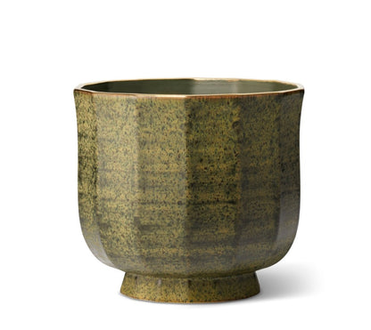 A green, hand-glazed ceramic cachepot from the AERIN Delmara Cedar Cachepot Collection, featuring a textured surface, rounded shape, and flared rim, placed on a white background.