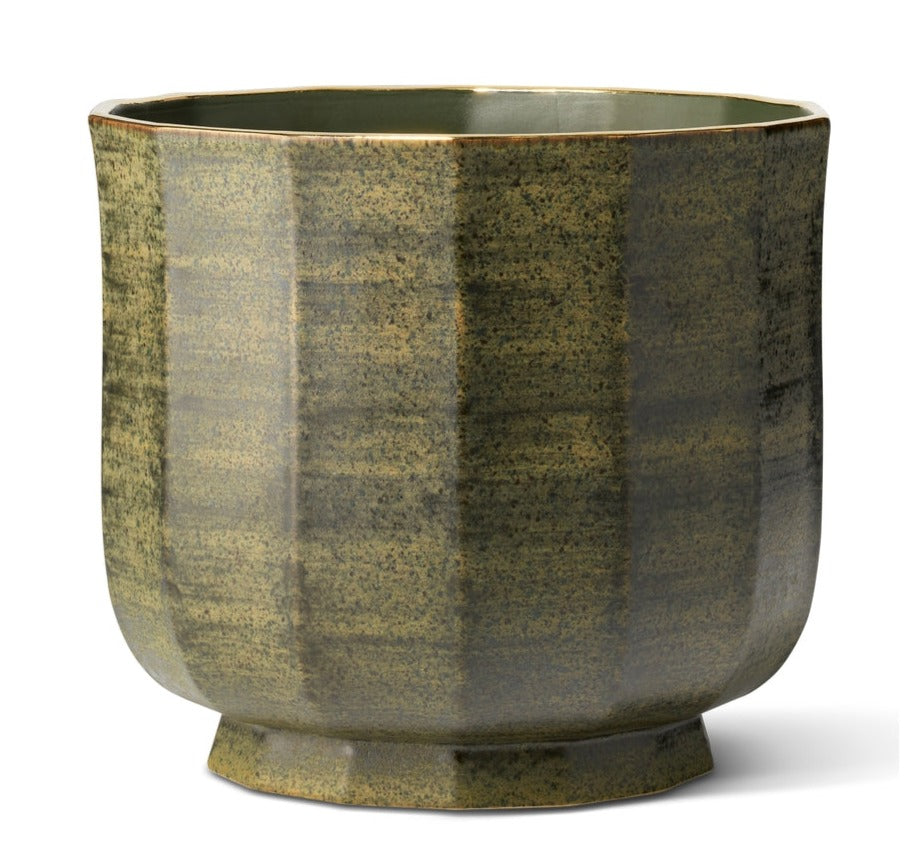 A green and brown AERIN Delmara Cedar cachepot featuring vertical textured patterns, a hand-applied glaze, and a rounded base.