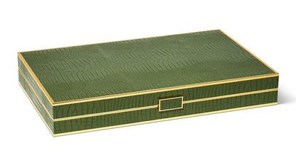 A green rectangular box with a textured pattern and gold trim, lying closed against a white background, reminiscent of an AERIN Croc Leather Backgammon Set.