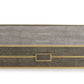 A rectangular grey and gold box with a shagreen finish features a textured surface and a rectangular handle in the center of the front. Perfect for storing your favorite board games like the AERIN Shagreen Backgammon Set, Chocolate.