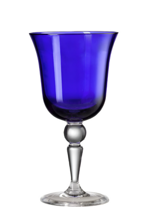 The Mario Luca Giusti St Moritz Acrylic Collection features a blue goblet with a clear stem, set against a white background, adding a touch of elegance to your colorful glassware collection. It's perfect for enhancing any outdoor tablescape.