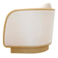 A beige, curved-back Coastal Swivel Chair with a light tan base and trim. Featuring a minimalist design, the chair appears to be upholstered in soft fabric, offering both style and comfort.