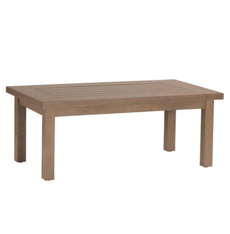 The Summer Classics Club Coffee Table is a wooden rectangular piece with a slatted top and four sturdy legs, set against a plain white background and featuring a sleek powder-coated finish for durability.