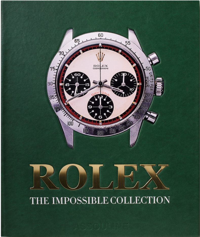 A book cover titled "The Impossible Collection of Rolex" featuring an image of a luxury timepiece. The cover is green with gold and white text, reflecting the sophistication and prestige of the collected watch label.