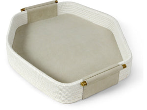 A Nicollet Tray with woven white raffia details, beige handles, and a beige base, all featuring gold accents on the handles.