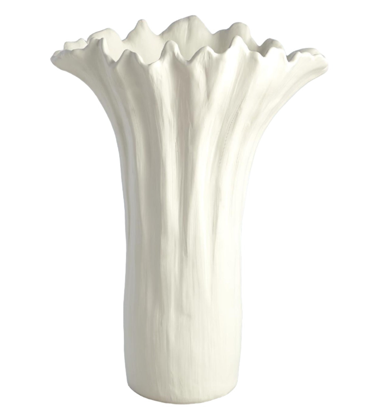 An Organic Tall Wave Bowl with a matte white glaze, featuring a wavy, ruffled rim and textured vertical lines, embodies a nature-inspired design.