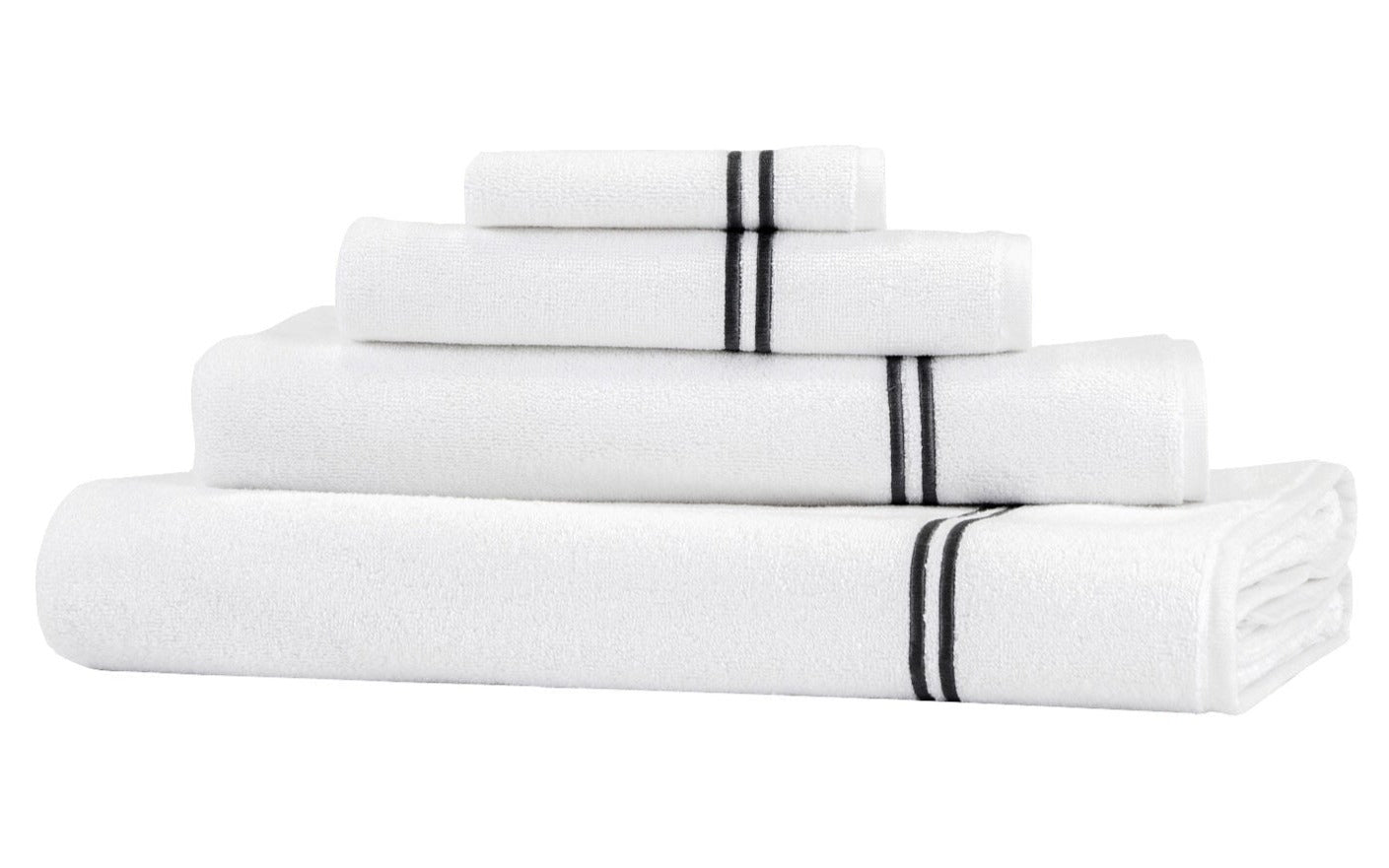 A neatly stacked set of white towels in various sizes with black stripes near the edges on a white background, featuring double border embroidery from the Frette Classic Bath Collection, White/Grey, crafted from highly absorbent cotton terry.