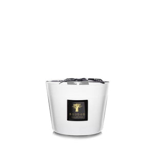 A white candle holder with a black label reading "Baobab Collection Les Prestigieuses Pierre De Lune Candle," featuring a tree logo and a black ribbon tied around the top. Infused with a subtle moonstone floral scent, this elegant piece evokes the mystique of the stone of dreams.