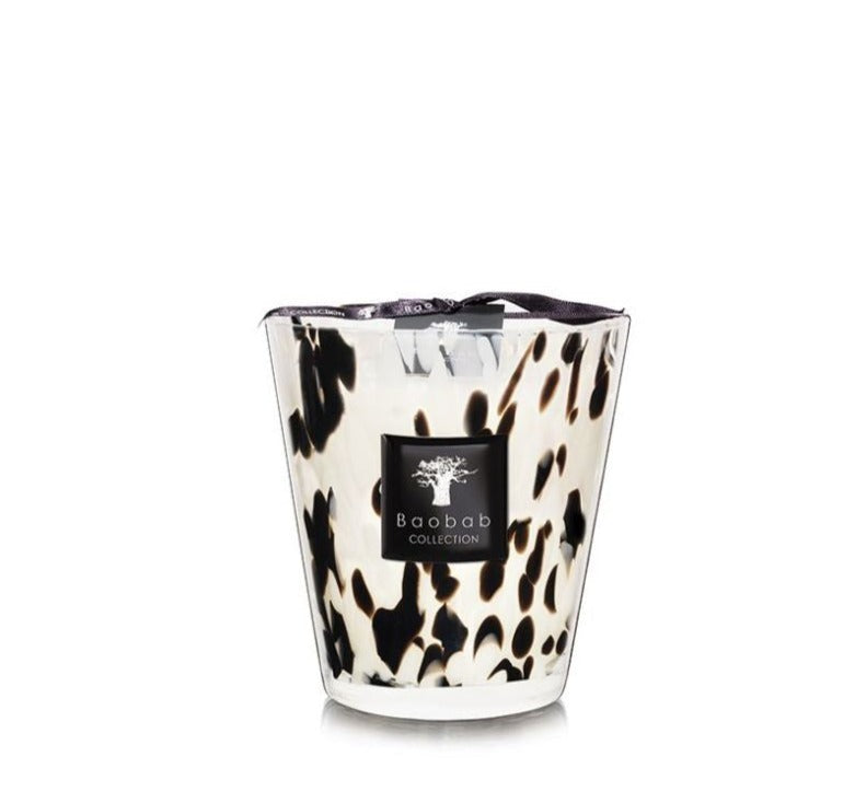 Baobab Collection Pearls Black Candle featuring a black and white speckled pattern, a black label on the front, and filled with a scented candle inspired by Black Pearls.