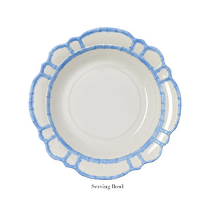 White serving bowl with a scalloped edge and blue ornate pattern, from the Two's Company Melamine Bamboo Collection.