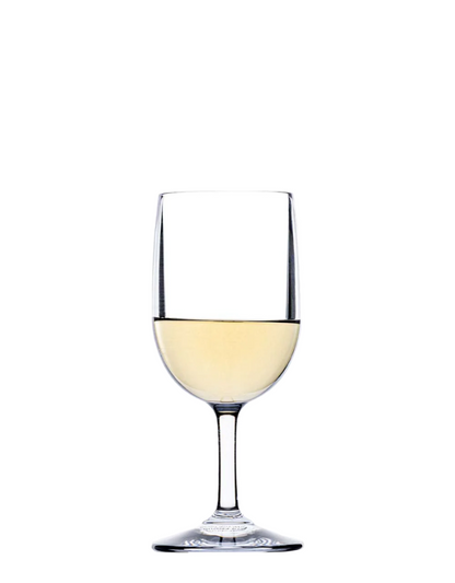 A wine glass from the Bold Revel Acrylic Collection, half-full of white wine, stands against a pristine white background.