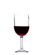 A wine glass from the Bold Revel Acrylic Collection, crafted from premium polycarbonate and half-filled with rich red wine, stands elegantly against a plain white background.