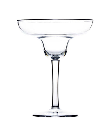 An empty, clear margarita glass from the Bold Calypso Acrylic Collection, featuring a wide, shallow bowl and a stem—perfect for serving colder drinks and enjoying island-inspired cocktails.