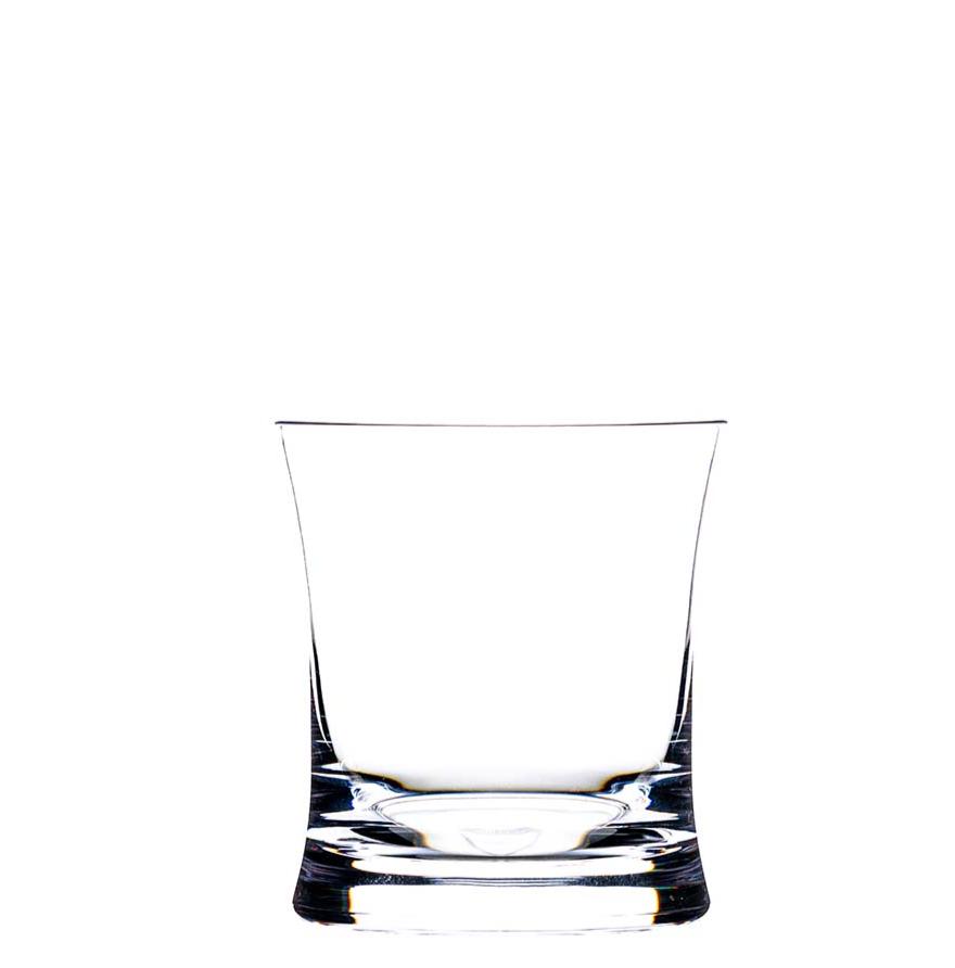 A clear, empty, short tumbler from the Bold Reef Acrylic Collection, featuring a thick base and set against a plain white background, showcases bold drinkware with modern design elements.