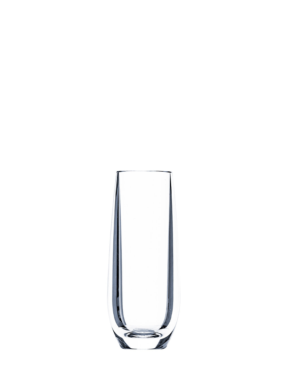 A clear, empty cylindrical glass from the Bold Oasis Acrylic Collection stands upright against a plain white background, showcasing modern curves reminiscent of premium polycarbonate Italian-inspired stemless wine tumblers.