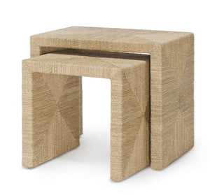 The Woodside Nesting Table Set from the Jeffrey Alan Marks Collection features two rectangular tables with light tan, woven lampakanay double rope surfaces. The smaller table fits neatly under the larger one.