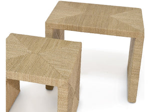 The Woodside Nesting Table Set includes two rectangular tables with textured woven jute tops, straight legs, and sturdy hardwood frames, shown on a white background.