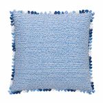 The Popple Blue Outdoor Pillow is a square 22x22 blue and white cushion with a wavy pattern, accented by blue, navy, and white pom-poms along the edges. Displayed against a white background, this stylish pillow is the perfect eye-catching addition to your patio or garden space.