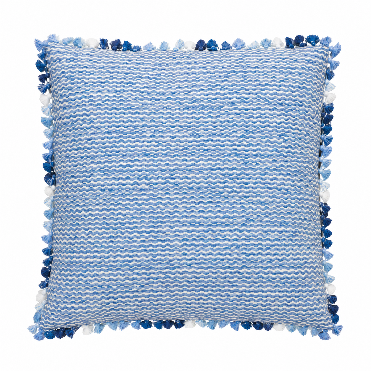 The Popple Blue Outdoor Pillow is a square 22x22 blue and white cushion with a wavy pattern, accented by blue, navy, and white pom-poms along the edges. Displayed against a white background, this stylish pillow is the perfect eye-catching addition to your patio or garden space.