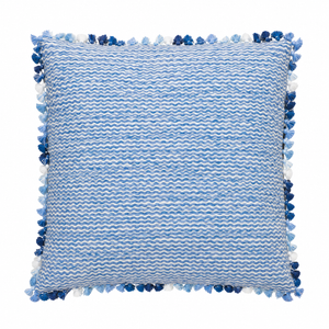 The Popple Blue Outdoor Pillow is a square 22x22 blue and white cushion with a wavy pattern, accented by blue, navy, and white pom-poms along the edges. Displayed against a white background, this stylish pillow is the perfect eye-catching addition to your patio or garden space.