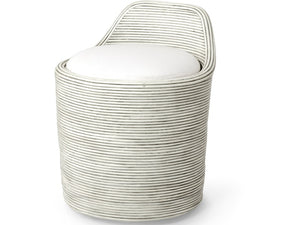 The Enzo Swivel Stool is a modern white chair with a rounded backrest and base, horizontal stripe patterns, a cushioned seat, and a smooth swivel mechanism.