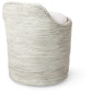 The Enzo Swivel Stool features a rounded back upholstered in white fabric with horizontal gray stripes and is supported by a smooth swivel base, shown from the rear angle.