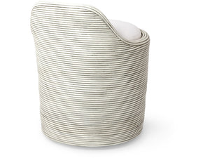 The Enzo Swivel Stool features a rounded back upholstered in white fabric with horizontal gray stripes and is supported by a smooth swivel base, shown from the rear angle.