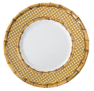 The Juliska Bamboo Caning Melamine Collection includes a decorative plate crafted from shatterproof melamine, featuring a gold bamboo-patterned rim with a plain white center.