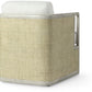 The Aveline Lounge Chair features light-colored woven sides, a white cushion, and a two-tone hardwood frame, shown from an angled side view.
