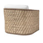 The Capitola Swivel Lounge Chair features a durable powder-coated aluminum frame, woven rattan, a curved back, and a white seat cushion, shown from an angled rear view.